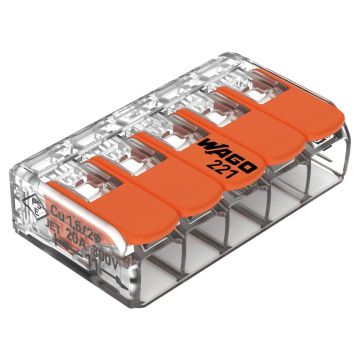Wago 221-415 compacte transparante verbindingsklem 5-voudig, 0,2-4mm² voor alle soorten geleiders