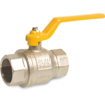 Messing vernikkelde 2-dlg kogelkraan 2" bi-bi tbv. gas 5 bar (DVGW), handvat geel
