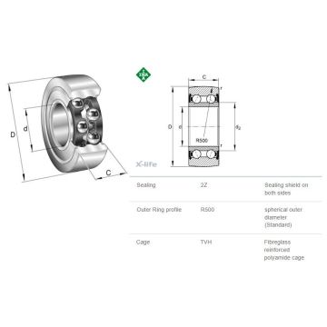 INA LR5308-2Z-TVH-XL, tweerijige looprol met bolvormig loopvlak