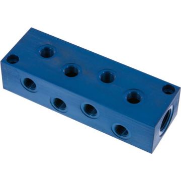 Aluminium verdeelblok, blauw, 2 zijdig 90°, 8x 1/4'' bi.dr. + 2x 1/2'' bi.dr. LBH 144 x 50 x 32mm